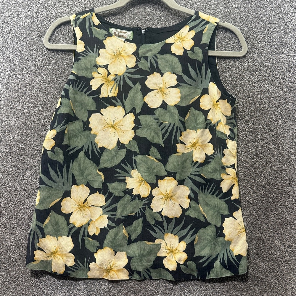 Tommy Bahama Tank Top Blouse Women XS Black Yellow Floral 100% Silk Sleeveless